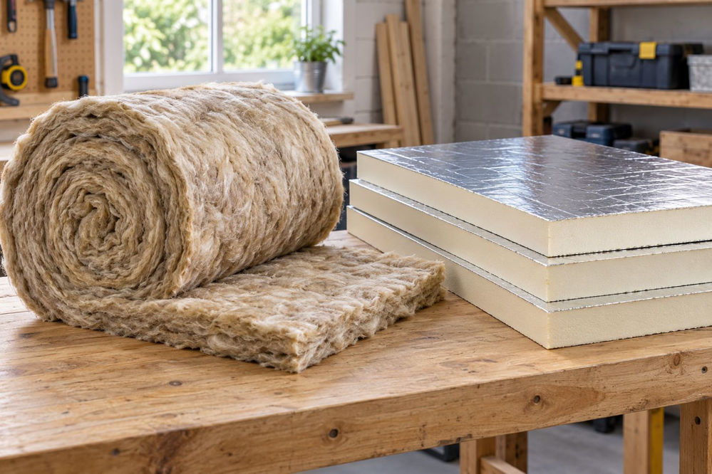 Mineral wool insulation roll beside foil-faced PIR boards